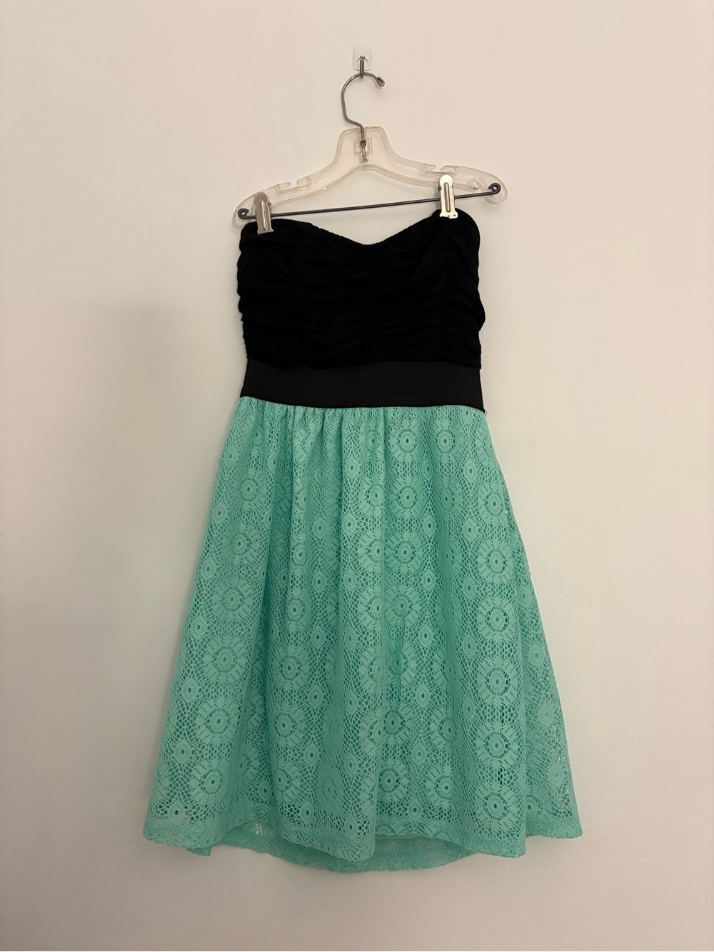 Strapless Black & Mint Lace Mini Dress